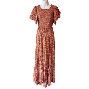 In Loom Rust Floral Smocked Flutter Sleeve Maxi Dress Size Small